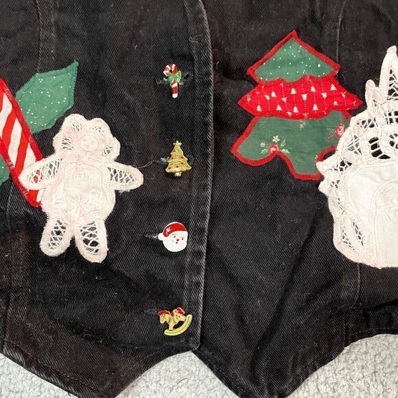 Vintage Christmas Vest Women's Denim Love and Lace Buttons Santa Medium - Picture 4 of 7